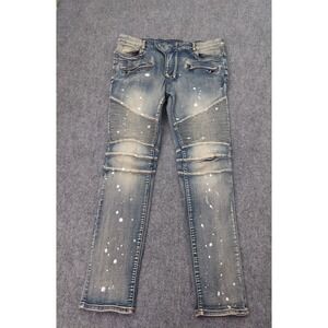 Balmain Jeans Mens 36x32 Blue Moto Splatter made in Italy Grunge Y2K Zip Pockets